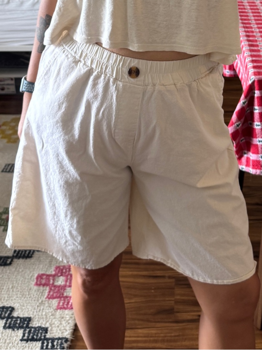 Women's Cream Elastic-Waist Pull On Cotton Blend Casual Bermuda Shorts Size L